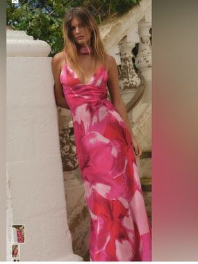 Zara - Floral Pink Maxi Dress with open back and neck scarf